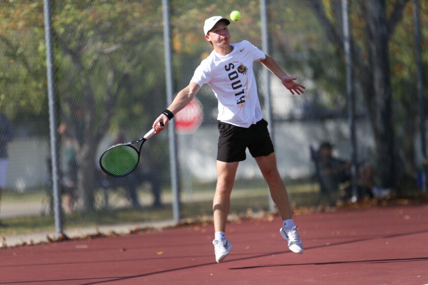 Fargo South tennis player Joshua Wilkinson hits a return against Bonsa Leema of Grand Forks Central in a match during the East Region Boys Individual Tournament on Friday, Oct. 3, 2025, at Horizon Middle School in south Fargo.