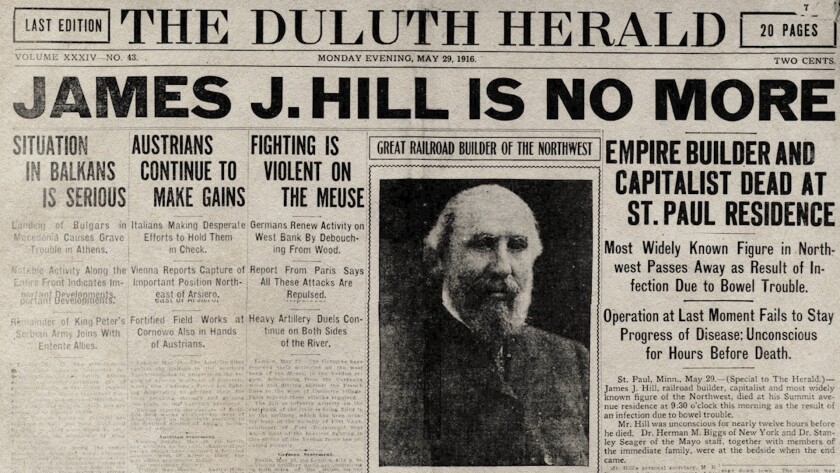 Front page of Duluth Herald reading JAMES J. HILL IS NO MORE with photo of bearded older white man.