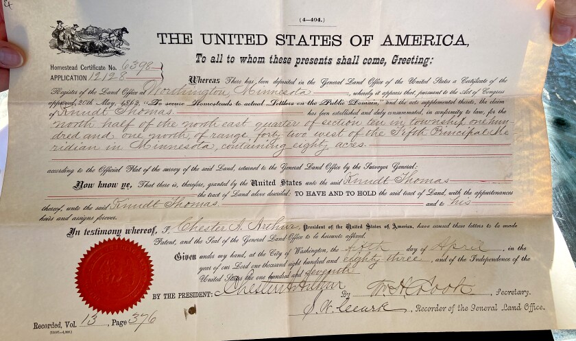 The Homestead Certificate issued to Knudt Thomas in 1883, signed by President Chester Arthur.