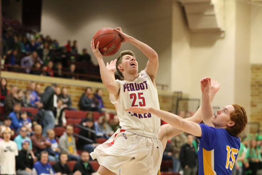 Pequot Lakes' Jordan Schommer shoots the ball against Esko Thursday, March 14, during the Section 7-2A Championship at the University of Minnesota, Duluth’s Romano Gymnasium. Kelly Humphrey - Gallery and Video