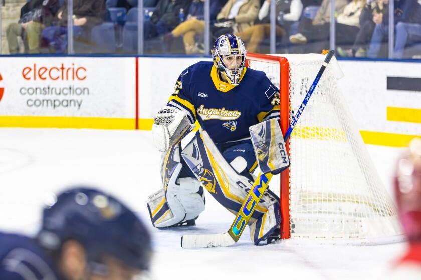 Augustana goalie Josh Kotai tracks the puck against Ferris State on Friday, Jan. 16, 2026, at Midco Arena in Sioux Falls.