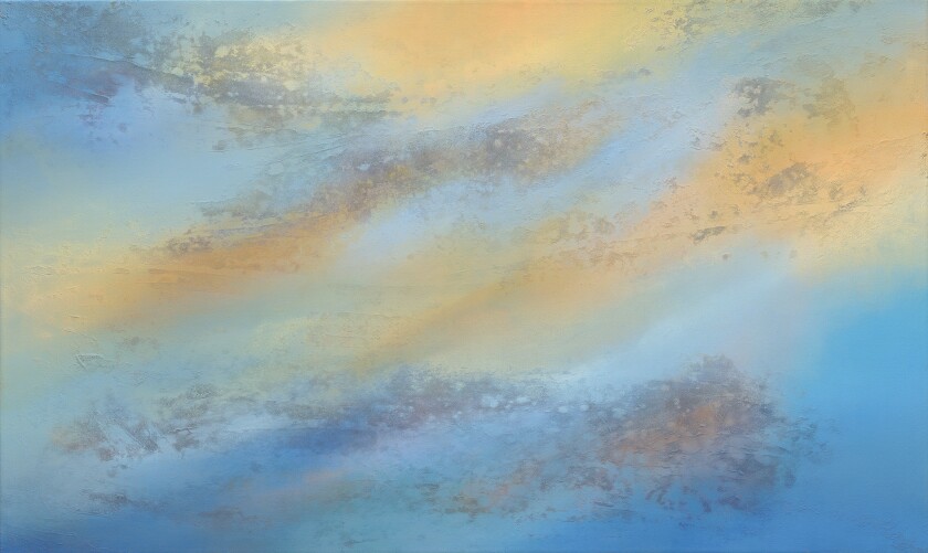 Abstract painting with swirls of color in alternating peach and blue bands, with dark patches underlaid.