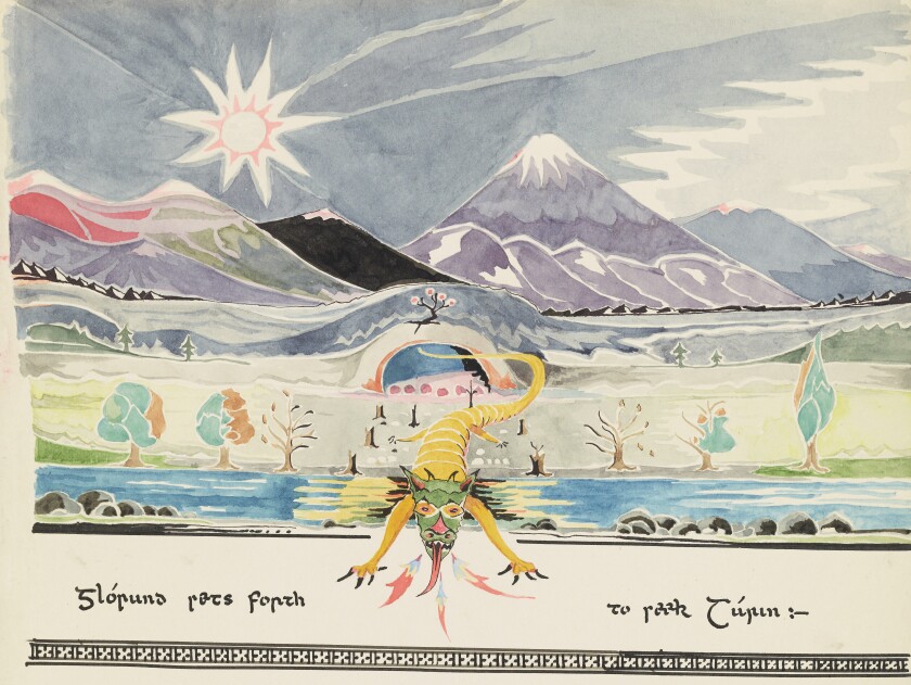 A watercolor painting of a yellow dragon with a green head flying out from underneath a mountain, fire emerging from its mouth. A caption in stylized ancient text reads, "Glórund sets forth to seek Túrin."