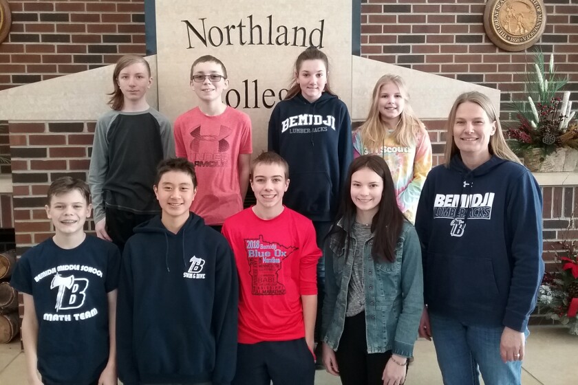 Students from Bemidji Middle School that competed in the Mathcounts Regional Math competition at Northland Community College in Thief River Falls on Friday, Feb. 8 Front, left to right: Nick Rautio, Moses Son, Will Termont, Grace Werner and coach Rebecca Rud; back row left to right Alexander DeClusin, August karvakko, Madeline Larson, and Hazel Olson. Submitted photo.