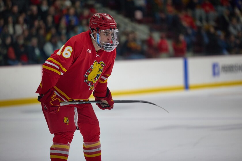 Ferris State's Caiden Gault awaits the face-off during a game against Lake Superior State on Friday, Feb. 14, 2025, at Ewigleben Ice Arena in Big Rapids, Mich.