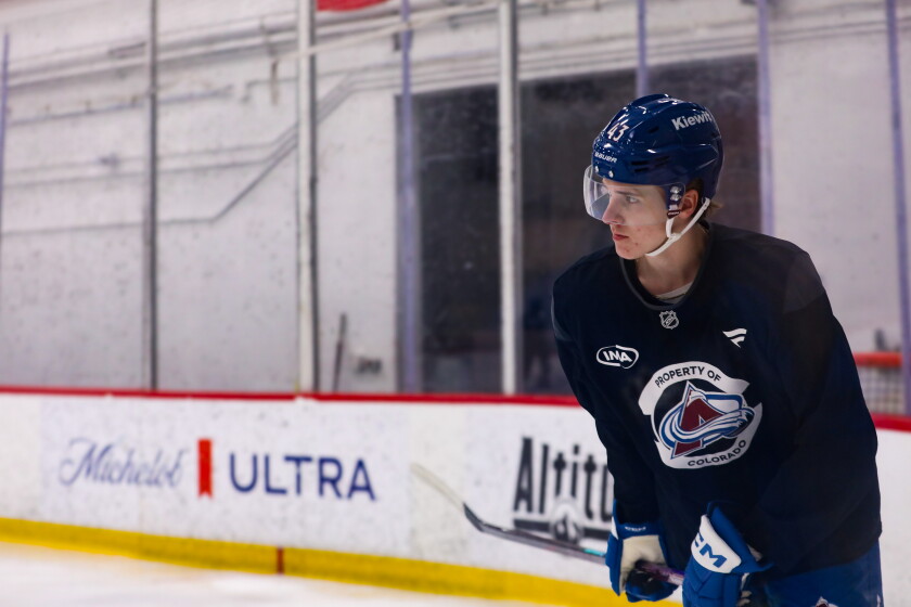 Teddy Lechner skates the ice during the Colorado Avalanche's development camp Tuesday, June 30, 2026, at the Family Sports Center in Centennial, Colo.