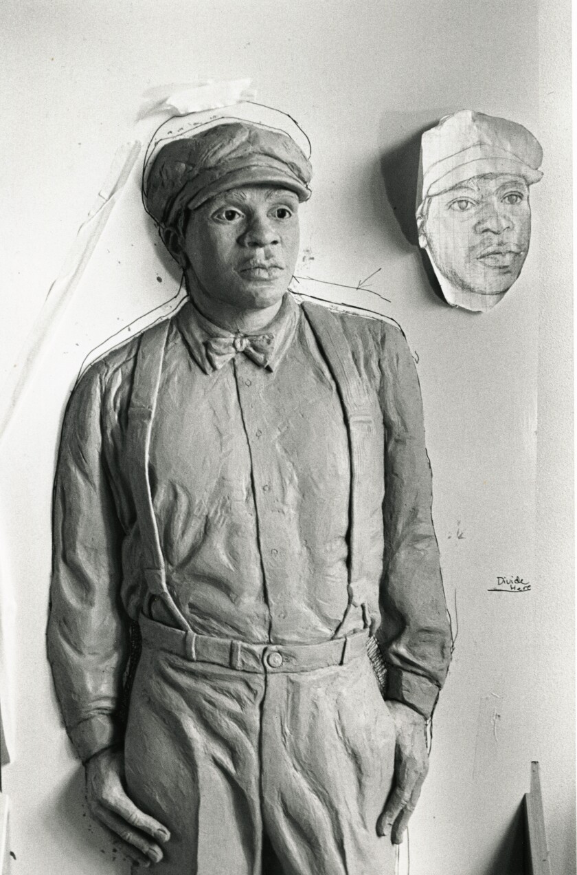 A black-and-white image of a relief sculpture of a Black man dressed in 1920s clothing, with a sketch of the face posted alongside.