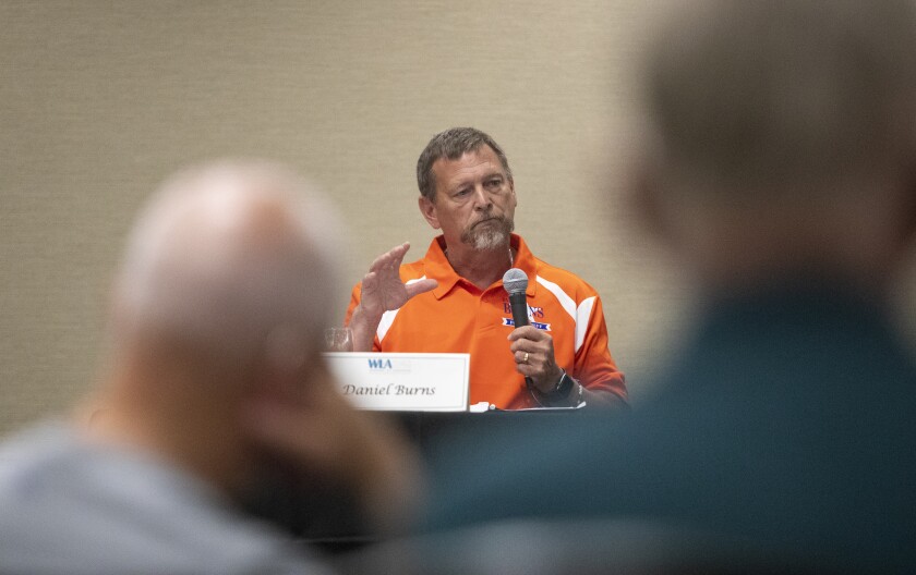 Kandiyohi County Sheriff candidate Daniel Burns answers a question while participating in Friday's candidate forum at the Willmar Convention Center on August 5, 2022.