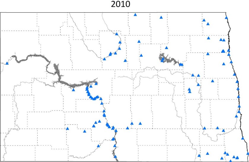 Bald eagle nesting sites in North Dakota in 2010