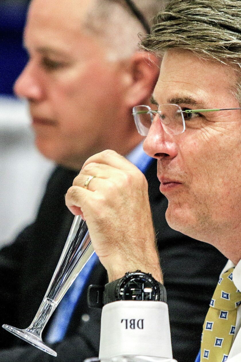 t092116 --- Clint Austin --- austinTAPWATER0922c2 ----- David LaFrance, of Denver, sniffs a glass of water while judging the Best in Glass tap water competition at the American Water Works Association convention in Duluth Wednesday afternoon. The three finalists were Duluth, St. Cloud, and Bloomington. St. Cloud won the competition. (Clint Austin / caustin@duluthnews.com)