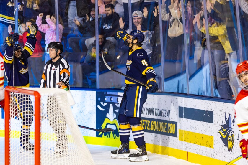 Augustana's Max Chakrabarti celebrates after scoring a goal against Ferris State on Friday, Jan. 16, 2026, at Midco Arena in Sioux Falls.