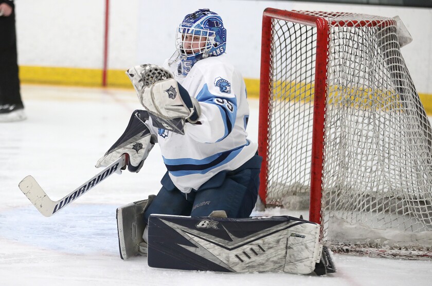 Goalie in white makes a glove save.