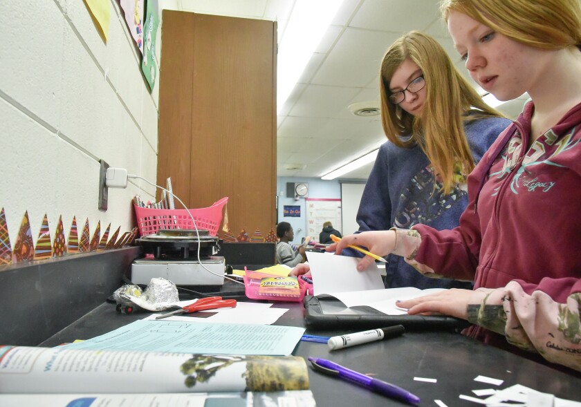 Seventh graders Morgan Tegels, right, and Madisyn Sheesley work on a project in Mrs. Kelli Mueller's science class on Tuesday morning at Mitchell Middle School. Mueller's class is one of the mass customized learning classes offered at the middle school. (Matt Gade/Republic)
