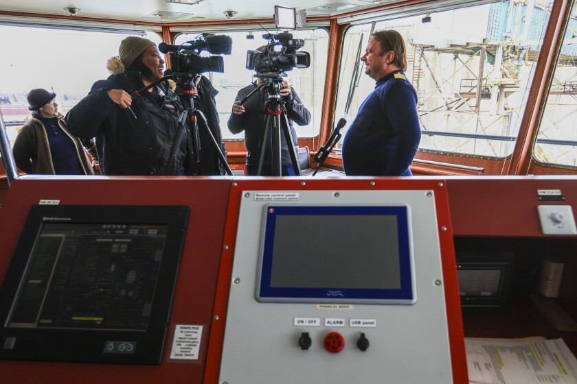The 624-foot long bulk carrier, Resko, the first saltie to visit the Twin Ports in 2022, hosts ceremony.