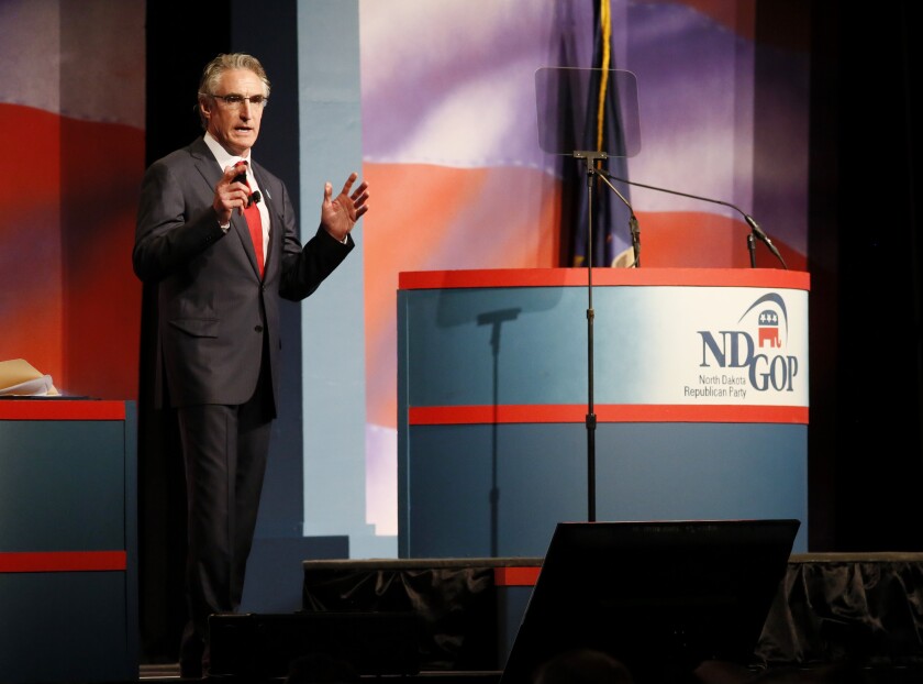 Fargo entrepreneur Doug Burgum asks for the NDGOP endorsement for governor during the during the NDGOP convention Saturday, April 2, 2016 in Fargo. Michael Vosburg / Forum News Service