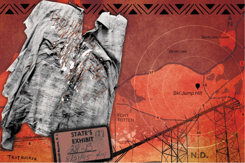 A photo illustration focuses on Ski Jump Hill, which is depicted with a pindrop and radar lines on a map. At left is a mangled button up shirt labeled as State's Exhibit 28-B.