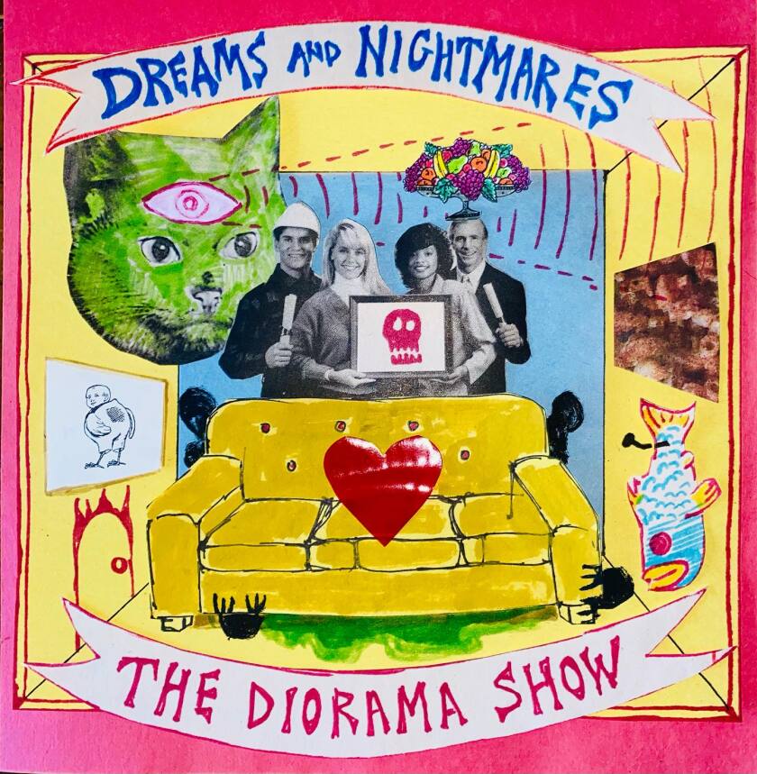 Poster art for "Dreams and Nightmares: The Diorama Show," featuring brightly colored collage centered on image of family.