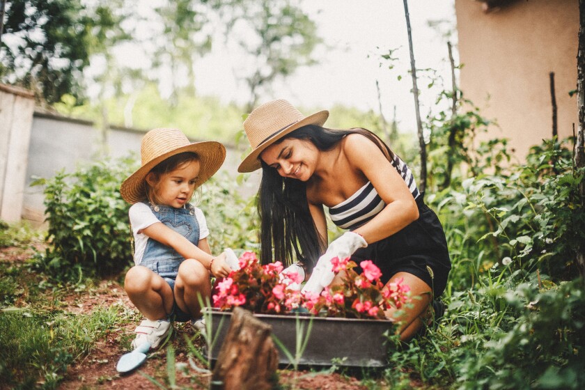 Mother And Daughter Working In The Garden
