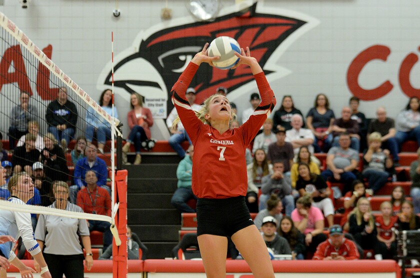 Willmar eighth grader Ellery DeBoer sets the ball during a Central Lakes Conference match against Sartell on Tuesday, Sept. 27, 2022 at the Big Red Gym at Willmar High School.