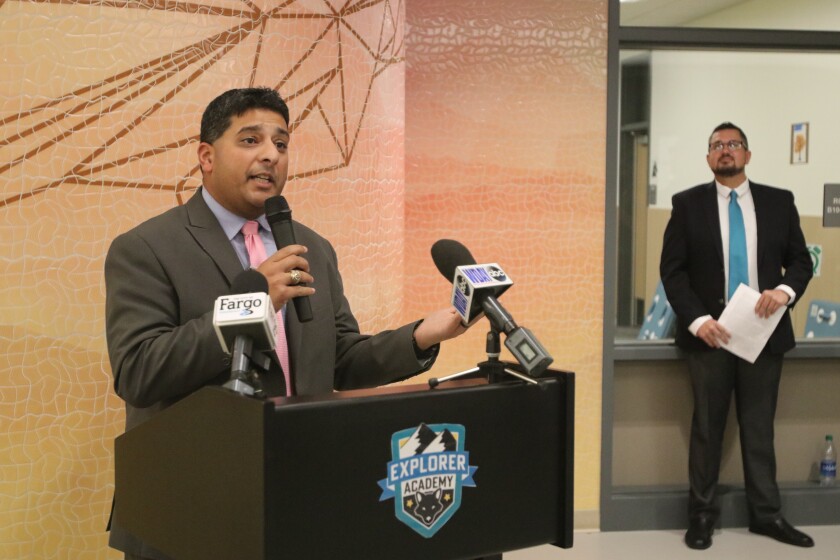 Fargo Public Schools Superintendent Rupak Gandhi with Explorer Academy Principal Justin Lien at the grand opening of the Explorer Academy on Tuesday, Nov. 16, 2021.jpg