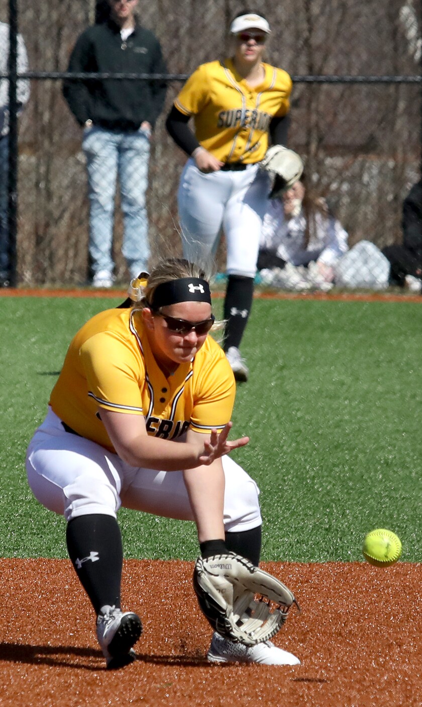 UW-Superior’s Tiffany Kirk (2) fields a ball at second base
