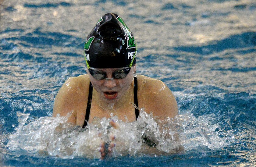 Litchfield's Emily Petersen swims the breaststroke portion of the 200-yard medley relay against Melrose on Tuesday, Oct. 11, 2022 at Litchfield.