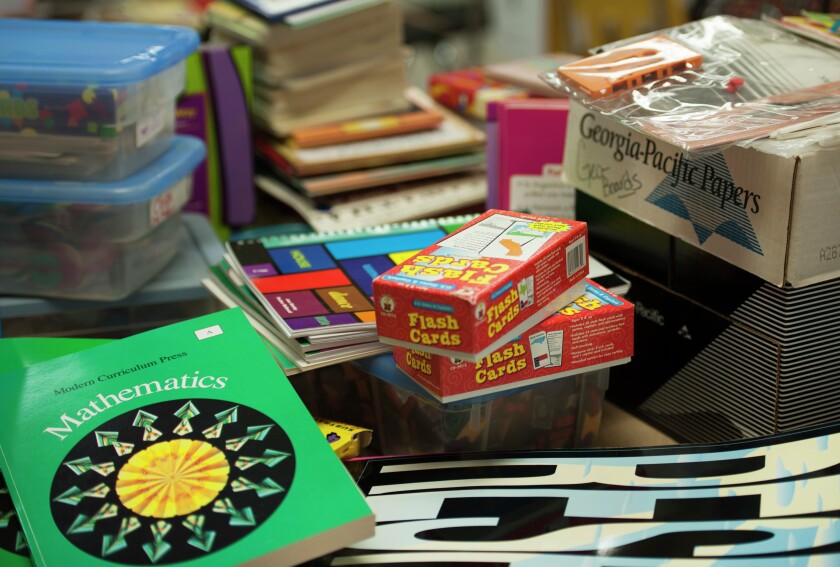 Supplies sits on tables during the New Teacher Bazaar on Monday at Mitchell High School in Mitchell. The supplies was donated by veteran educators or local businesses, who had donation boxes in their stores. (Sarah Barclay/Republic)