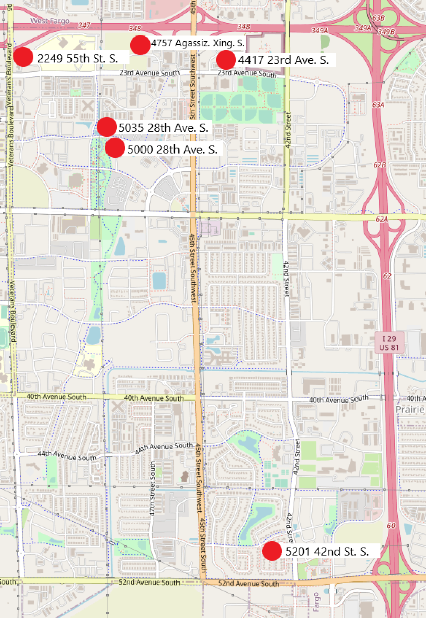 Map of Fargo with six different locations indicated.