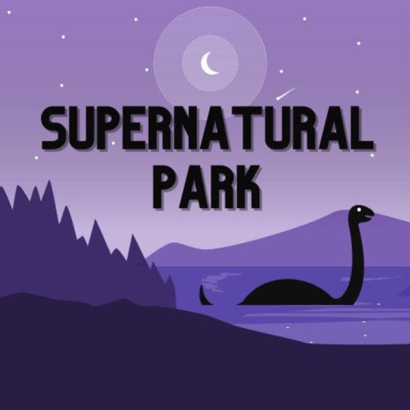 Supernatural Park Podcast logo features a purple color scheme with a woodland next to a lake with a lake monster sticking out.