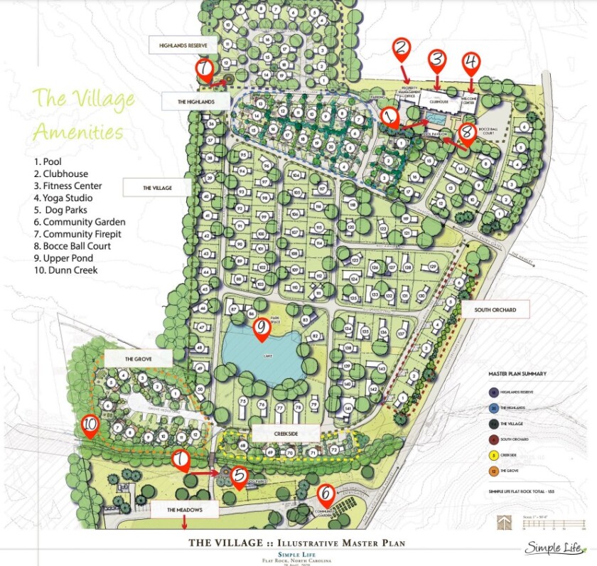 Map illustration shows small cottages, trails, amenities for The Village housing project.