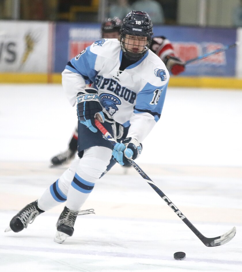 Superior’s Jackson Marthaler (18) moves the puck up the ice