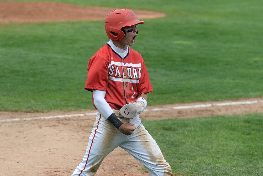 Willmar junior Jordan Ellingson celebrates after scoring a run during the Section 8AAA semifinals against Fergus Falls on Tuesday, June 3, 2025 at Joe Faber Field in St. Cloud.