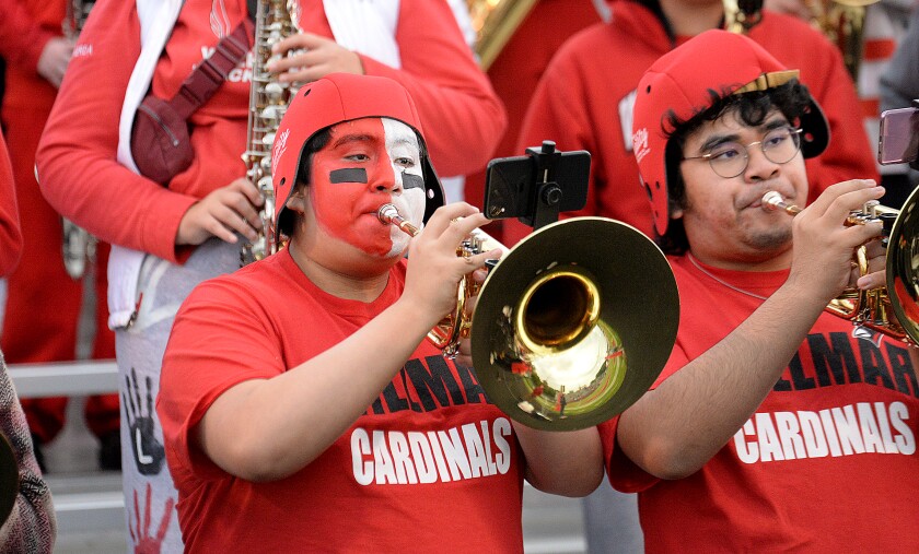 The Willmar pep band plays prior to the Cardinals' North Central White District football game against Delano on Friday, Sept. 30, 2022 at Hodapp Field.