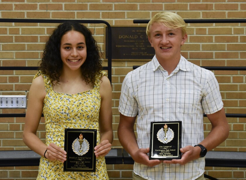 Worthington High School students named senior female athlete and senior male athlete, Brooklyn Scheitel-Taylor left, and Alec Langerud, right, were honored at the Worthington High School Awards Ceremony on Wednesday, May 25, 2022.