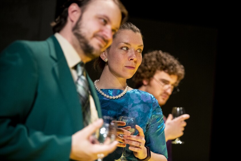The cast of "Clue: The Musical" stares one another down after the death of Mr. Boddy is discovered during a dress rehearsal at the Barn Theatre on Thursday, March 24, 2022.