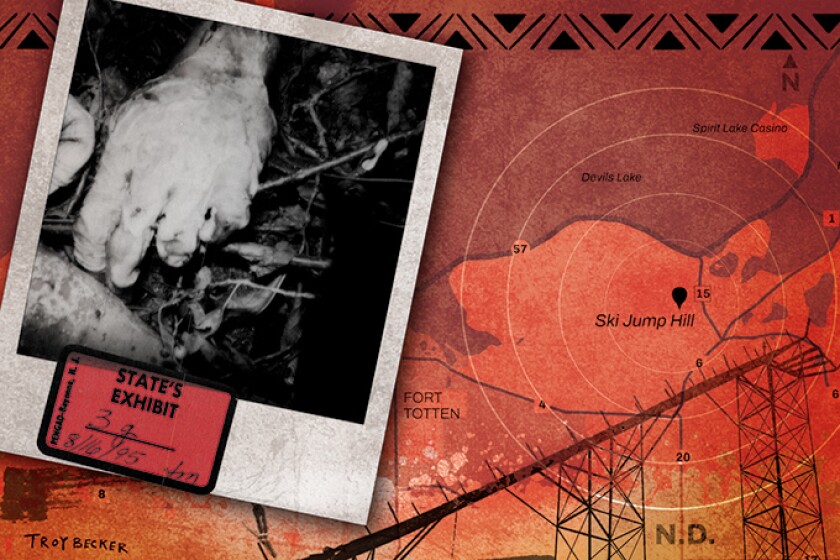 A photo illustration focuses on Ski Jump Hill, which is depicted with a pindrop and radar lines on a map. A ski jump is also seen in the red-tinted illustration. At left is a polaroid-style photo of a hand which reads State's Exhibit.