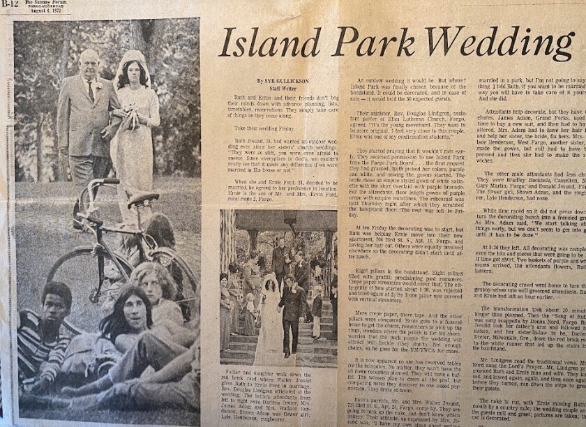 A newspaper clipping shows a young couple on their wedding day in 1972. Young people with bicycles look on in the foreground.