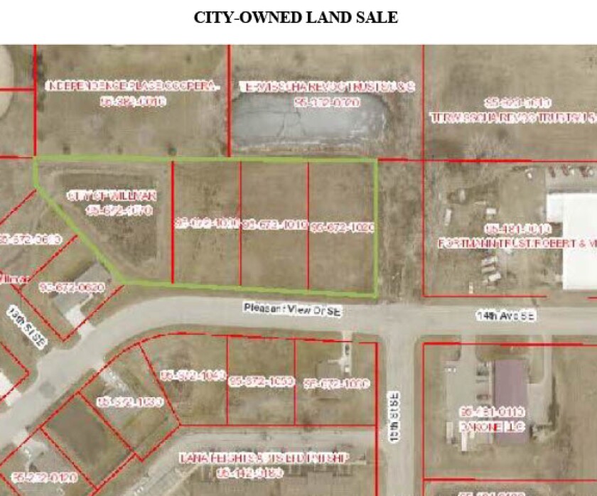 Aerial map overlaid with lines showing pending land purchase by Justin Paffrath from the city of Willmar for tiny home development in southeast Willmar, Minnesota, to be considered Aug. 15, 2022.