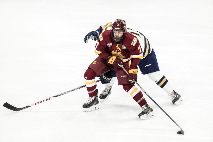 Clint Austin / caustin@duluthnews.comMinnesota Duluth's Scott Perunovich (front) and Notre Dame's Cal Burke compete for the puck during the national title game last April in St. Paul.