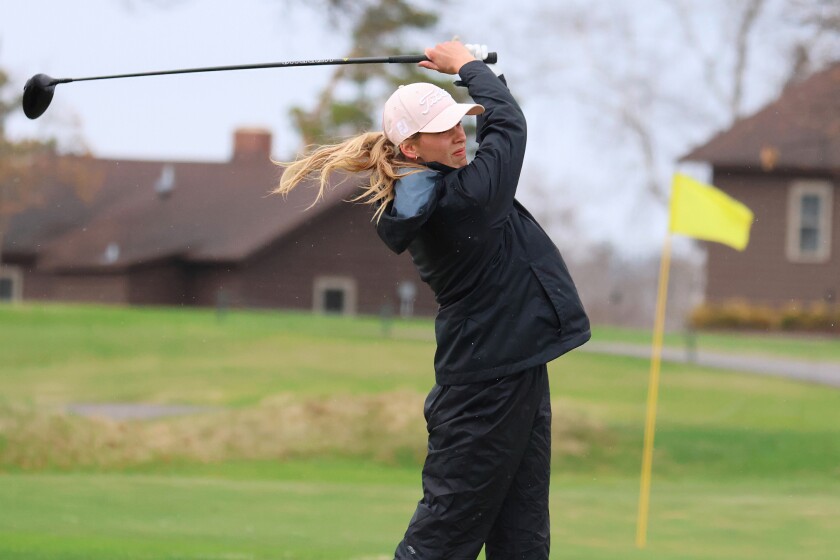 Brainerd's Marcella Timmons tees off on Thursday, May 1, 2025, at at Pine Beach East Golf Course at Madden’s.