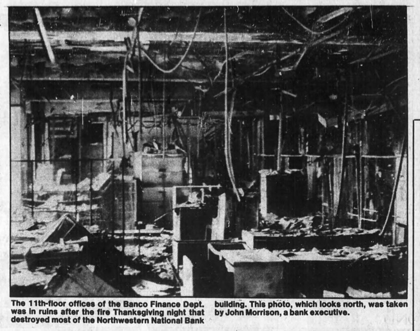A Star Tribune photo from 1982 shows the damage done to the Northwestern National Bank headquarters in downtown Minneapolis
