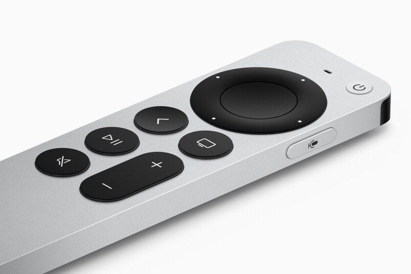 A closeup of an Apple TV remote