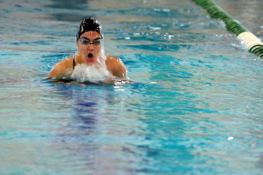 Dickinson High junior Brianna Ashworth won the 100-meter breaststroke on Tuesday in a dual against Bismarck Legacy at the West River Community Center. (Parker Cotton / The Dickinson Press)