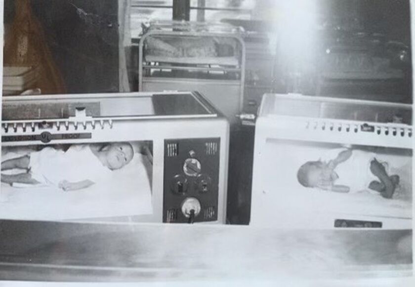Noreen_Noreen, left, and Eileen in the incubator atSt. Gerards Hospital in Hankinson, North Dakote, February 1957.jpg