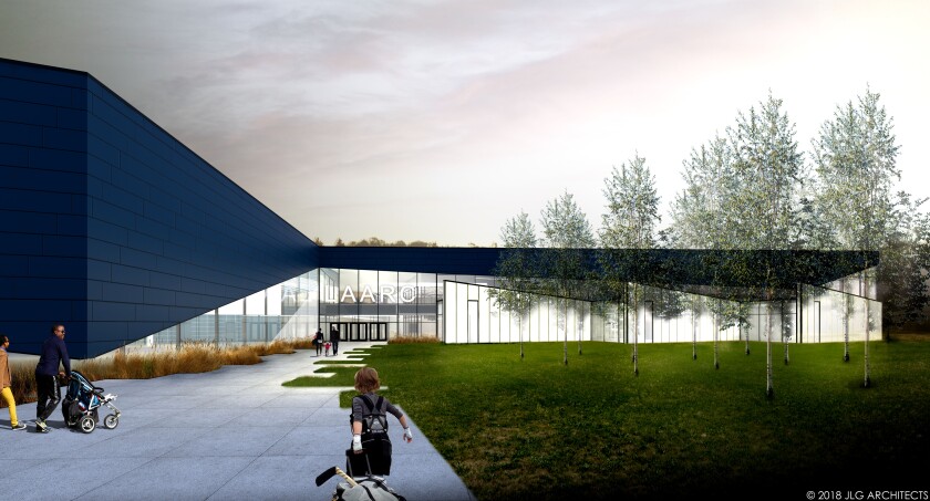 An artist's rendering shows the outside of the proposed activities center for Devils Lake. (JLG Architects)
