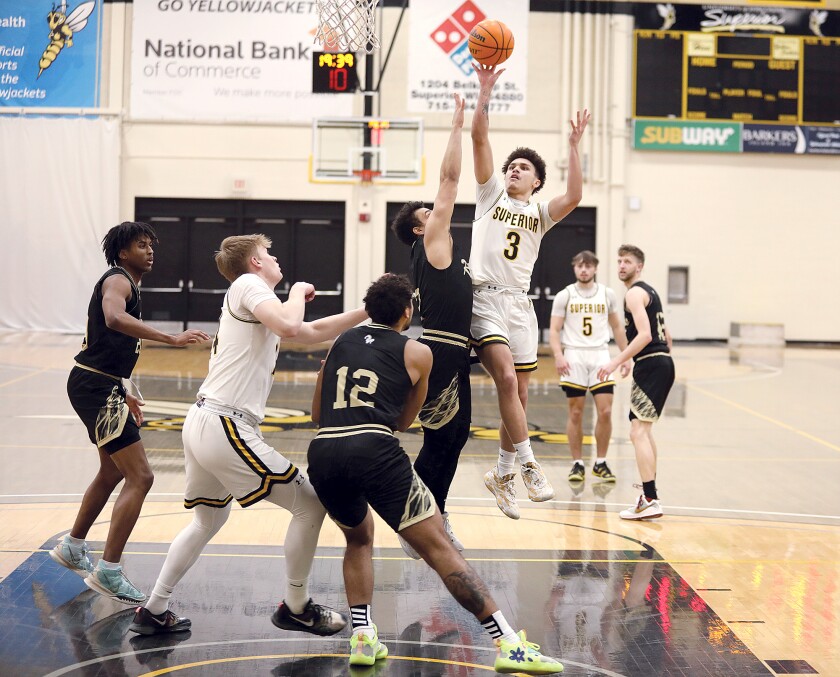 UW-Superior’s Xavier Patterson (3) unleashes a floater