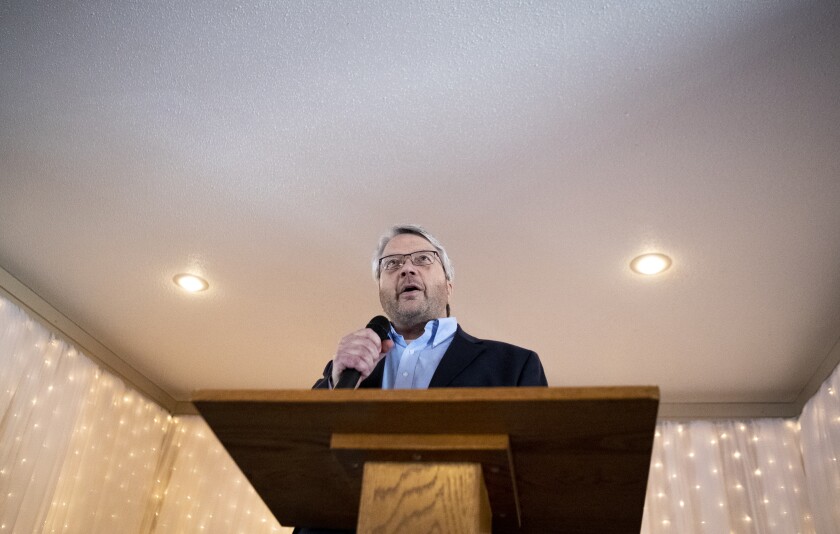 MnDOT District Engineer Jon Huseby acts as the Master of Ceremonies during the Highway 23 The Gaps Groundbreaking Ceremony Friday, May 6, 2022, at the Roadside Tavern Banquet Hall in Roscoe .