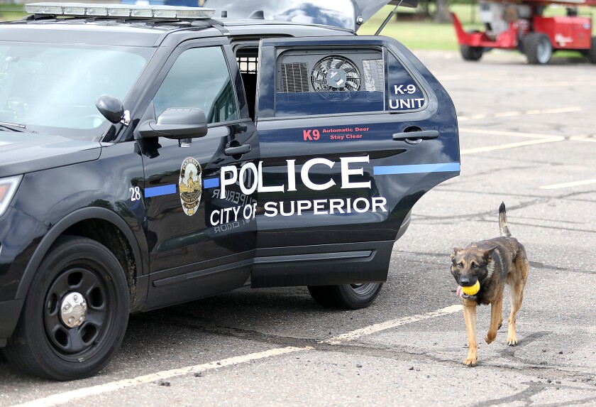 Superior K9 Radik carries his ball from K9 Officer Tyler Rude’s squad car