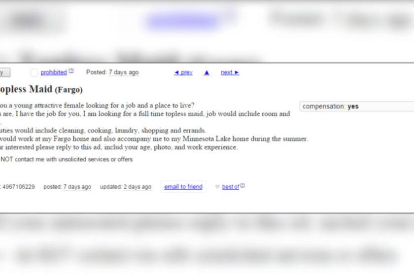 Fargo police say ad for 'topless maid' on Craigslist is legal, but Fargo police say ad for 'topless maid' on Craigslist is legal, but