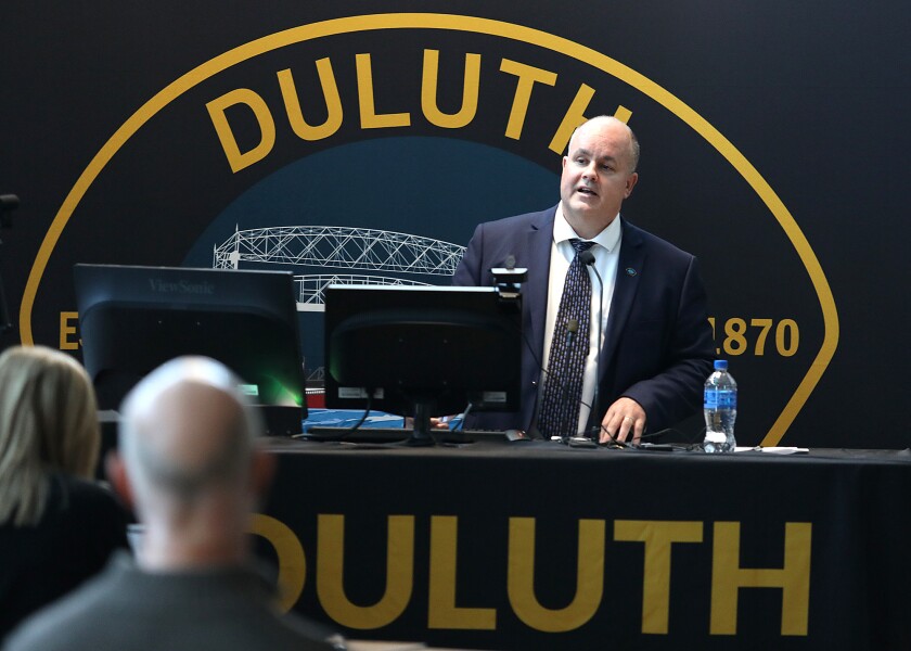 Duluth Police Chief Mike Tuskin welcomes the crowd